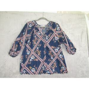 LC Lauren Conrad Women’s L Boho Floral Stripe Blouse Peasant Top Navy Blue Cotto